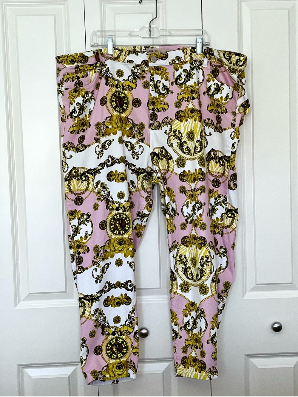 ASOS Pink, White and Gold Baroque Print jeans